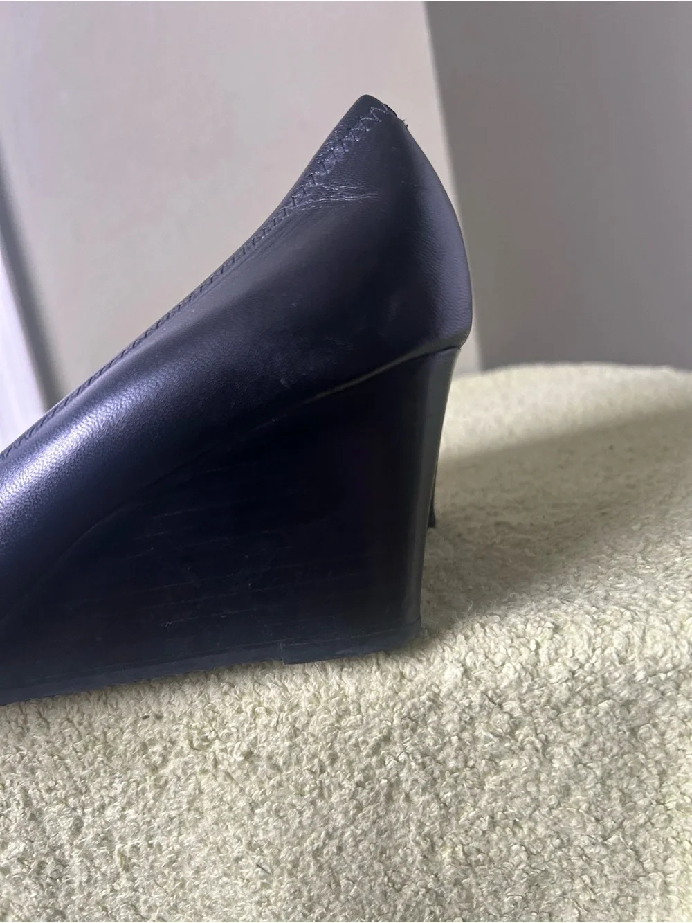 Tory Burch Black Leather Logo Round-Toe Wedge Heels with Gold Emblem